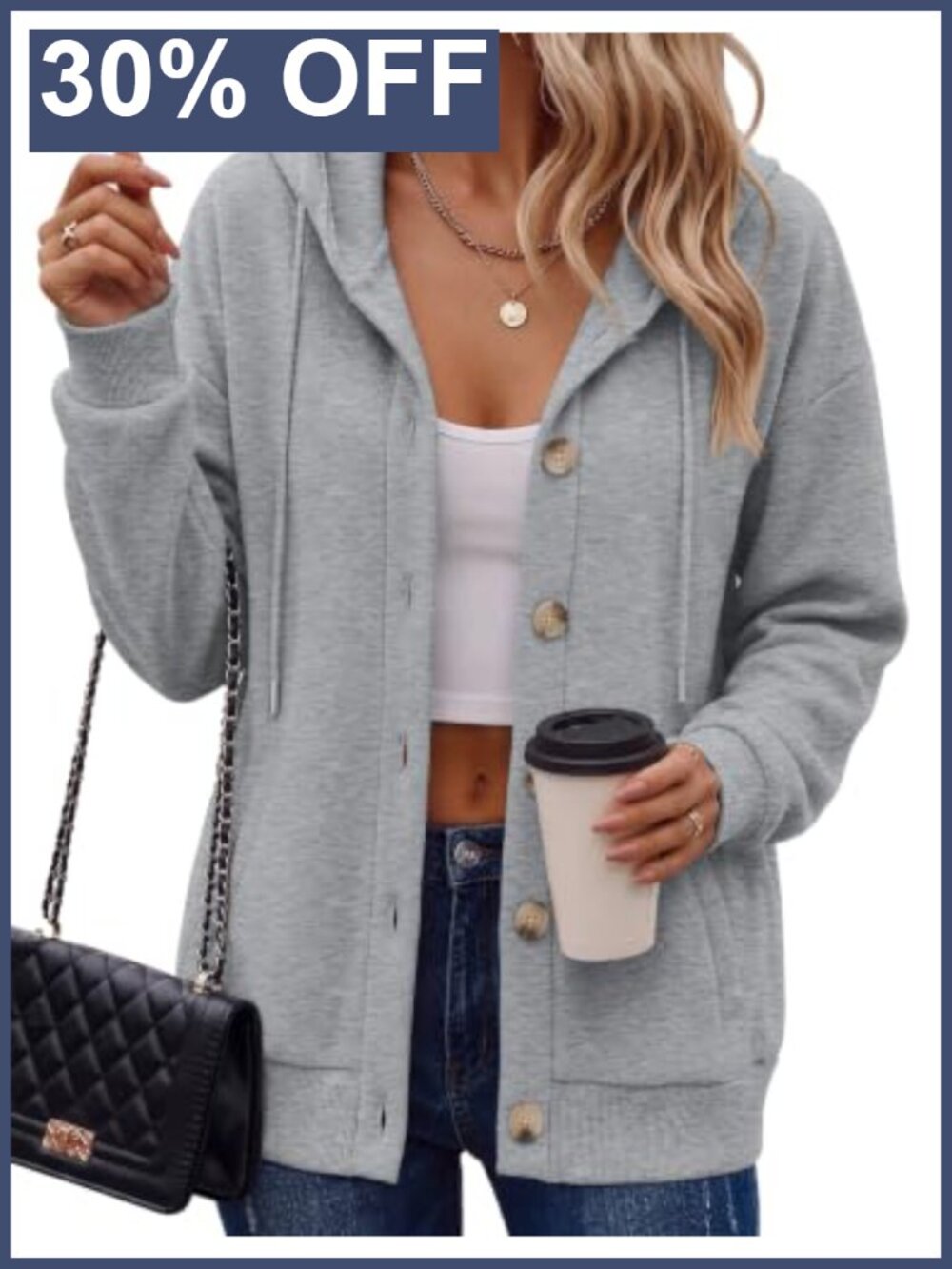 Women's Button Front Hooded Sweatshirt Oversized Fleece Hoodie with Pockets